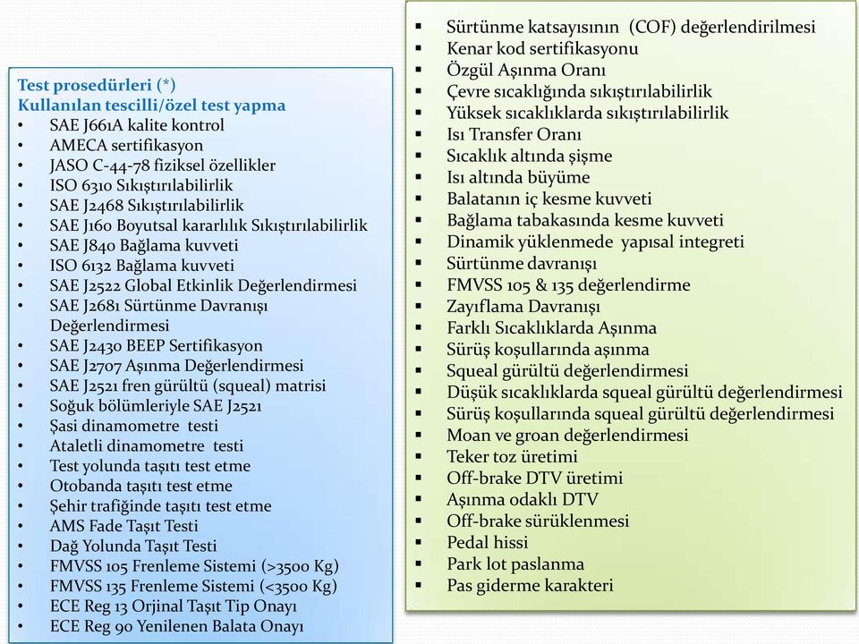 Sertifikasyon SAE J2707 Aşınma Değerlendirmesi SAE J2521 fren gürültü (squeal) matrisi Soğuk bölümleriyle SAE J2521 Şasi dinamometre testi Ataletli dinamometre testi Test yolunda taşıtı test etme