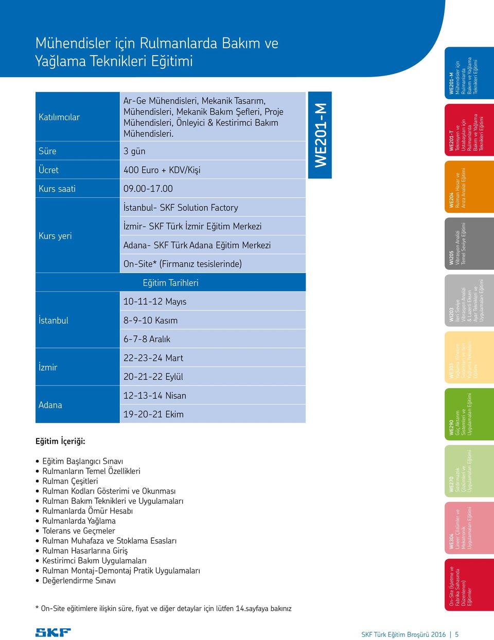 00 İstanbul- SKF Solution Factory WE201-M WE201-M Mühendisler için WE201-T Teknisyen ve Ustabaşıları için WE204 Rulman Hasar ve Arıza Analizi Eğitimi Kurs yeri İstanbul İzmir Adana Eğitim İçeriği: