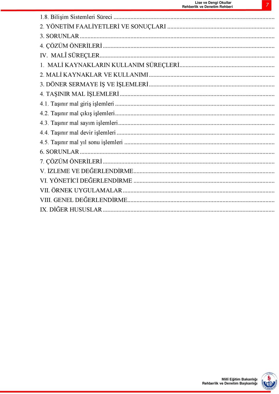 .. 4.3. Taşınır mal sayım işlemleri... 4.4. Taşınır mal devir işlemleri... 4.5. Taşınır mal yıl sonu işlemleri... 6. SORUNLAR... 7. ÇÖZÜM ÖNERİLERİ... V.