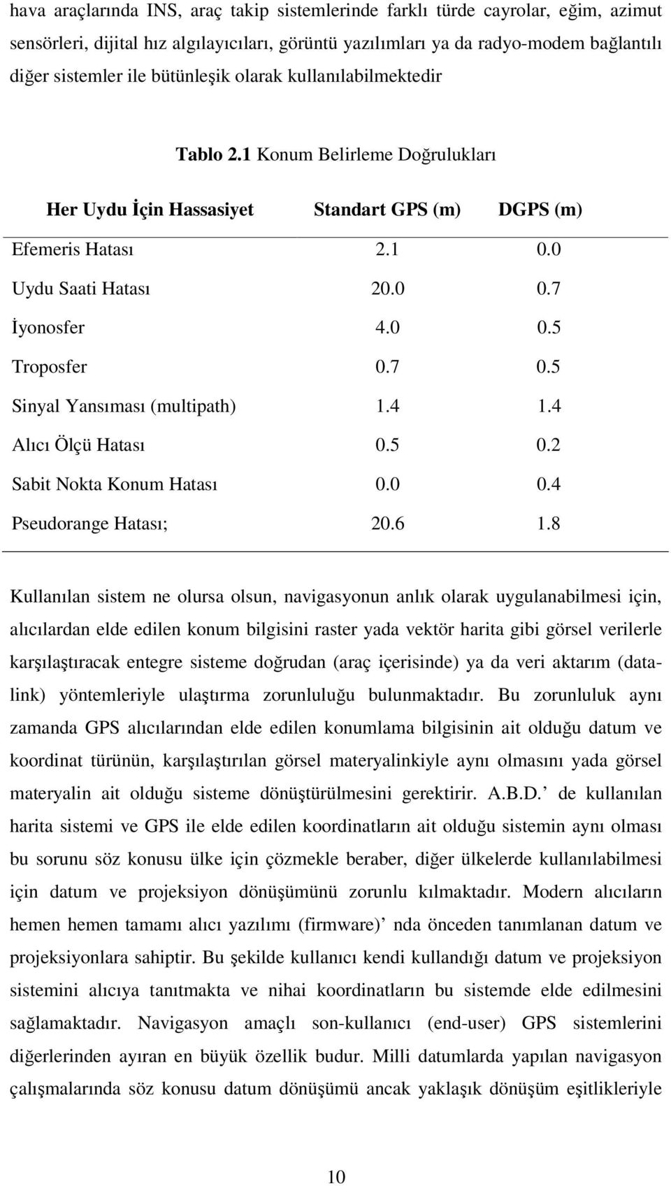 7 0.5 Sinyal Yansıması (multipath) 1.4 1.4 Alıcı Ölçü Hatası 0.5 0.2 Sabit Nokta Konum Hatası 0.0 0.4 Pseudorange Hatası; 20.6 1.