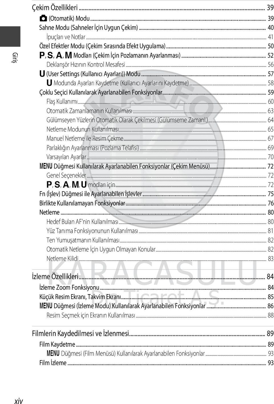 .. 57 M Modunda Ayarları Kaydetme (Kullanıcı Ayarlarını Kaydetme)... 58 Çoklu Seçici Kullanılarak Ayarlanabilen Fonksiyonlar... 59 Flaş Kullanımı... 60 Otomatik Zamanlamanın Kullanılması.