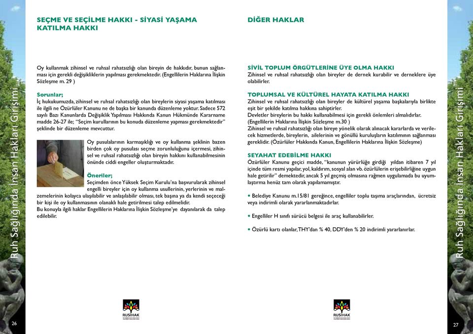 29 ) İç hukukumuzda, zihinsel ve ruhsal rahatsızlığı olan bireylerin siyasi yaşama katılması ile ilgili ne Özürlüler Kanunu ne de başka bir kanunda düzenleme yoktur.