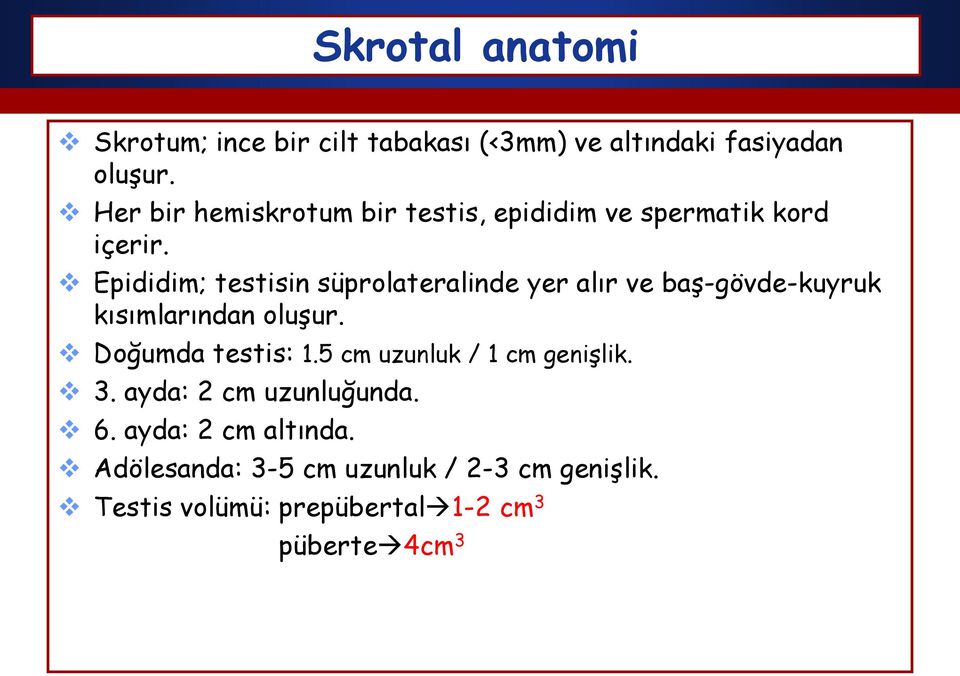 Epididim; testisin süprolateralinde yer alır ve baş-gövde-kuyruk kısımlarından oluşur. Doğumda testis: 1.