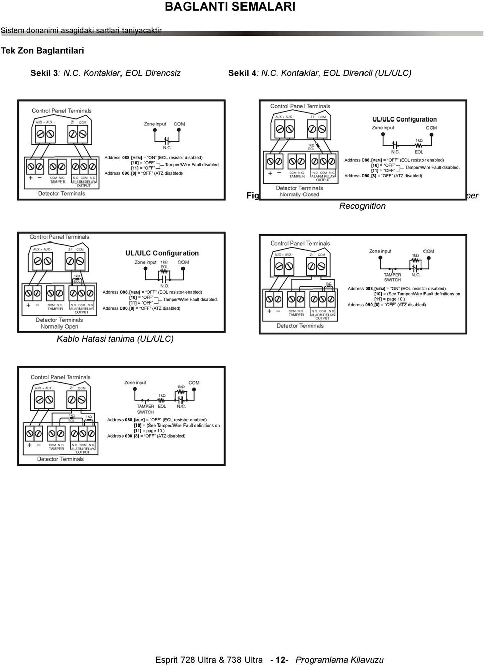 [11] = OFF Address 090,[8] = OFF (ATZ disabled) Address 088,[MEM] = OFF (EOL resistor enabled) [10] = OFF Tamper/Wire Fault disabled. [11] = OFF Address 090,[8] = OFF (ATZ disabled) Figure 5: N.O. Contacts, with EOL Resistor (UL/ULC) Figure 6: N.