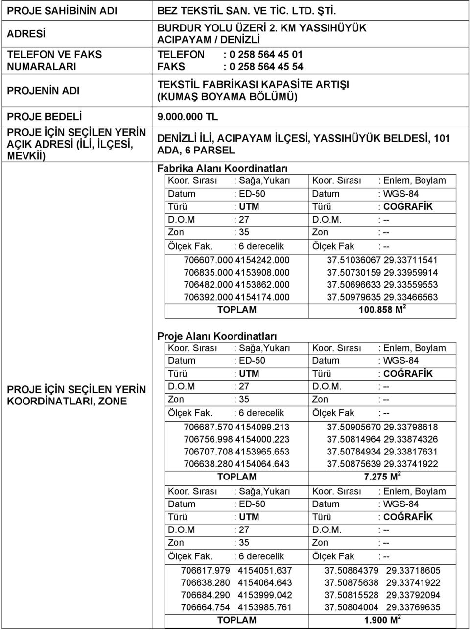 000 TL DENİZLİ İLİ, ACIPAYAM İLÇESİ, YASSIHÜYÜK BELDESİ, 101 ADA, 6 PARSEL Fabrika Alanı Koordinatları Koor. Sırası : Sağa,Yukarı Koor.