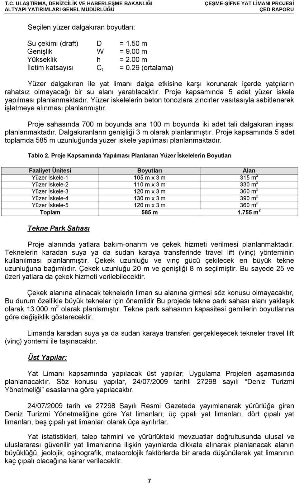 Proje kapsamında 5 adet yüzer iskele yapılması planlanmaktadır. Yüzer iskelelerin beton tonozlara zincirler vasıtasıyla sabitlenerek işletmeye alınması planlanmıştır.