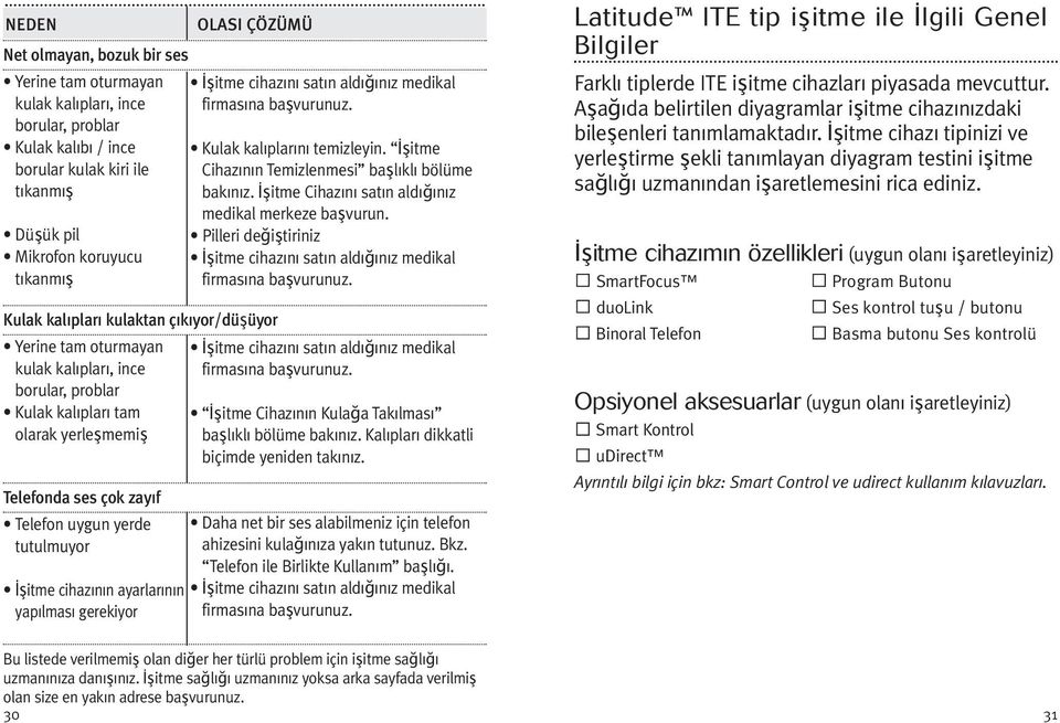 şitme cihazının ayarlarının yapılması gerekiyor Kulak kalıplarını temizleyin. şitme Cihazının Temizlenmesi başlıklı bölüme bakınız. şitme Cihazını satın aldığınız medikal merkeze başvurun.