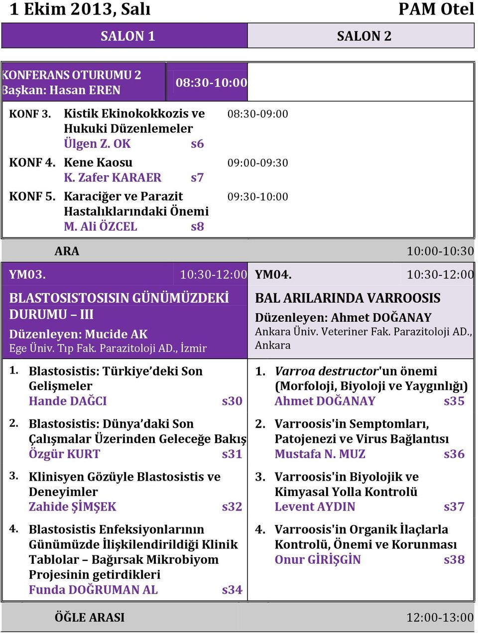 10:30-12:00 BLASTOSISTOSISIN GÜNÜMÜZDEKİ DURUMU III Düzenleyen: Mucide AK Ege Üniv. Tıp Fak. Parazitoloji AD., İzmir 1. Blastosistis: Türkiye deki Son Gelişmeler Hande DAĞCI s30 2.