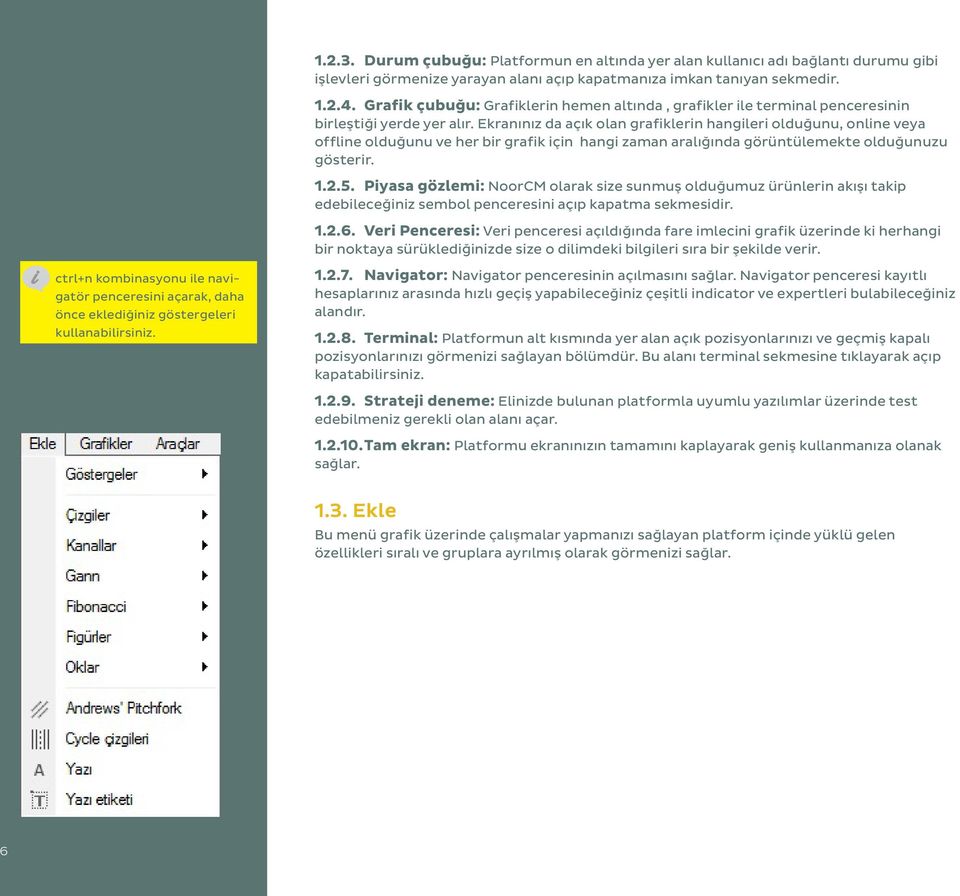 Ekranınız da açık olan grafiklerin hangileri olduğunu, online veya offline olduğunu ve her bir grafik için hangi zaman aralığında görüntülemekte olduğunuzu gösterir. 1.2.5.