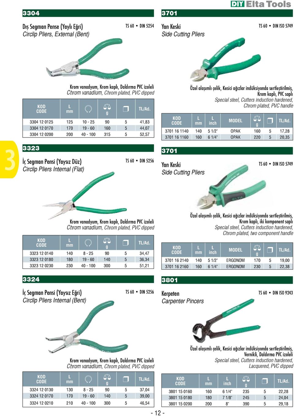 Krom kaplı, PVC saplı Special steel, Cutters induction hardened, Chrom plated, PVC handle inch MODE 3701 16 1140 140 5 1/2" OPAK 160 5 17,28 3701 16 1160 160 6 1/4" OPAK 220 5 20,35 3 3323 İç Seman