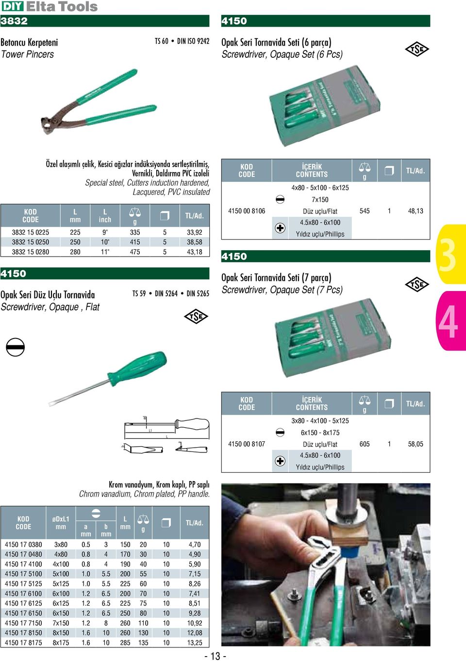 43,18 4150 Opak Seri Düz Uçlu Tornavida Screwdriver, Opaque, Flat TS 59 DIN 5264 DIN 5265 4150 00 8106 4150 Opak Seri Tornavida Seti (7 parça) Screwdriver, Opaque Set (7 Pcs) 4x80-5x100-6x125 7x150