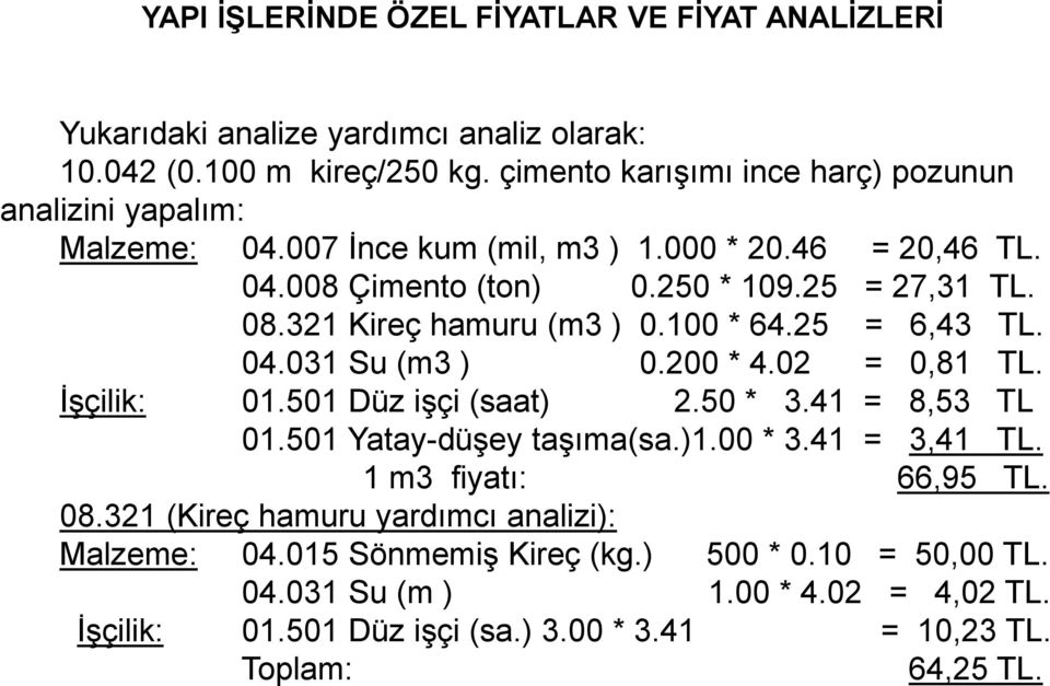 321 Kireç hamuru (m3 ) 0.100 * 64.25 = 6,43 TL. 04.031 Su (m3 ) 0.200 * 4.02 = 0,81 TL. İşçilik: 01.501 Düz işçi (saat) 2.50 * 3.41 = 8,53 TL 01.501 Yatay-düşey taşıma(sa.)1.