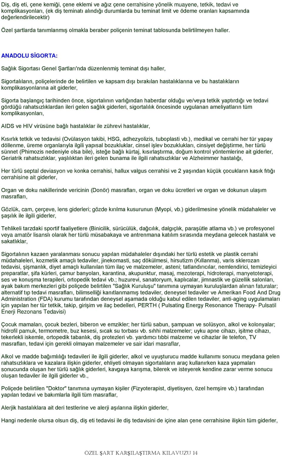 ANADOLU SİGORTA: Sağlık Sigortası Genel Şartları'nda düzenlenmiş teminat dışı haller, Sigortalıların, poliçelerinde de belirtilen ve kapsam dışı bırakılan hastalıklarına ve bu hastalıkların