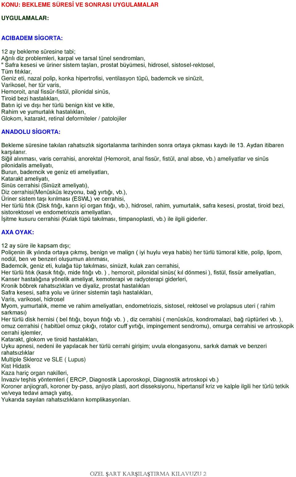 pilonidal sinüs, Tiroid bezi hastalıkları, Batın içi ve dışı her türlü benign kist ve kitle, Rahim ve yumurtalık hastalıkları, Glokom, katarakt, retinal deformiteler / patolojiler ANADOLU SİGORTA: