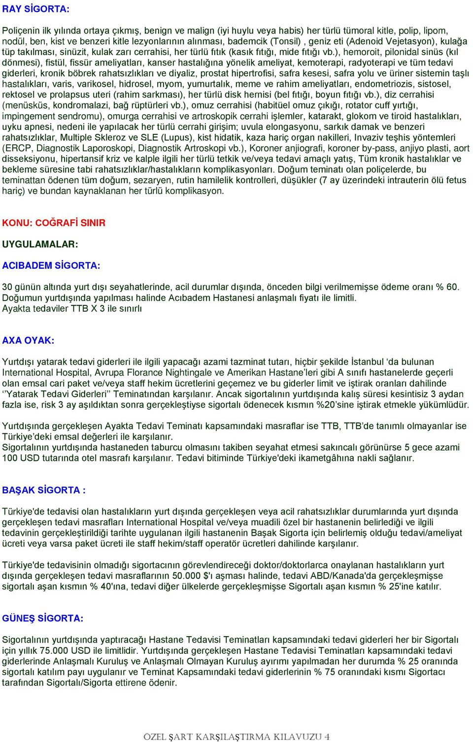 ), hemoroit, pilonidal sinüs (kıl dönmesi), fistül, fissür ameliyatları, kanser hastalığına yönelik ameliyat, kemoterapi, radyoterapi ve tüm tedavi giderleri, kronik böbrek rahatsızlıkları ve