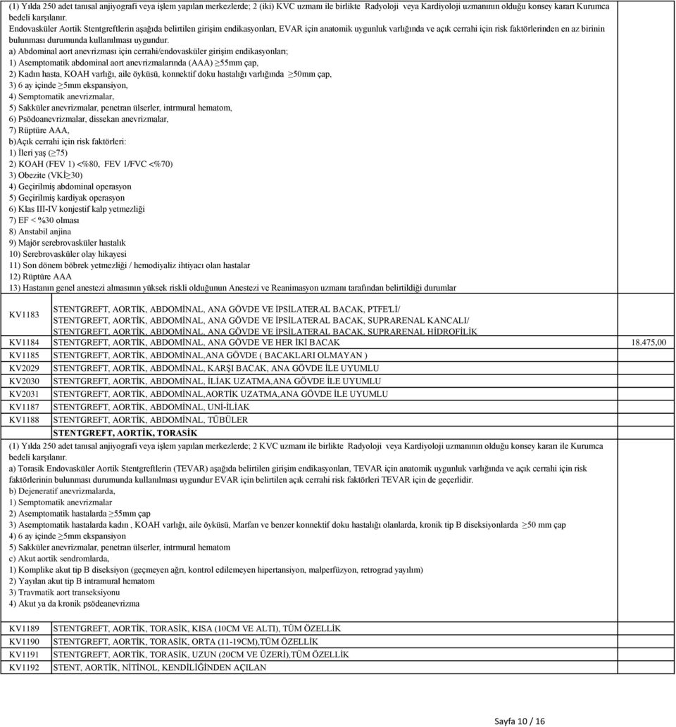 a) Abdominal aort anevrizması için cerrahi/endovasküler girişim endikasyonları; 1) Asemptomatik abdominal aort anevrizmalarında (AAA) 55mm çap, 2) Kadın hasta, KOAH varlığı, aile öyküsü, konnektif