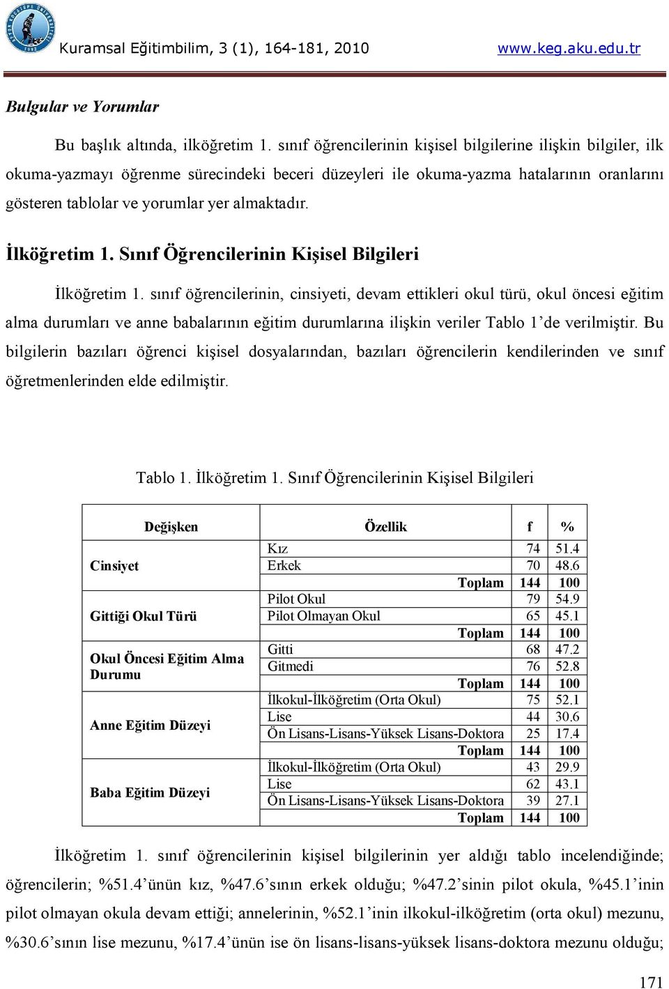 İlköğretim 1. Sınıf Öğrencilerinin Kişisel Bilgileri İlköğretim 1.