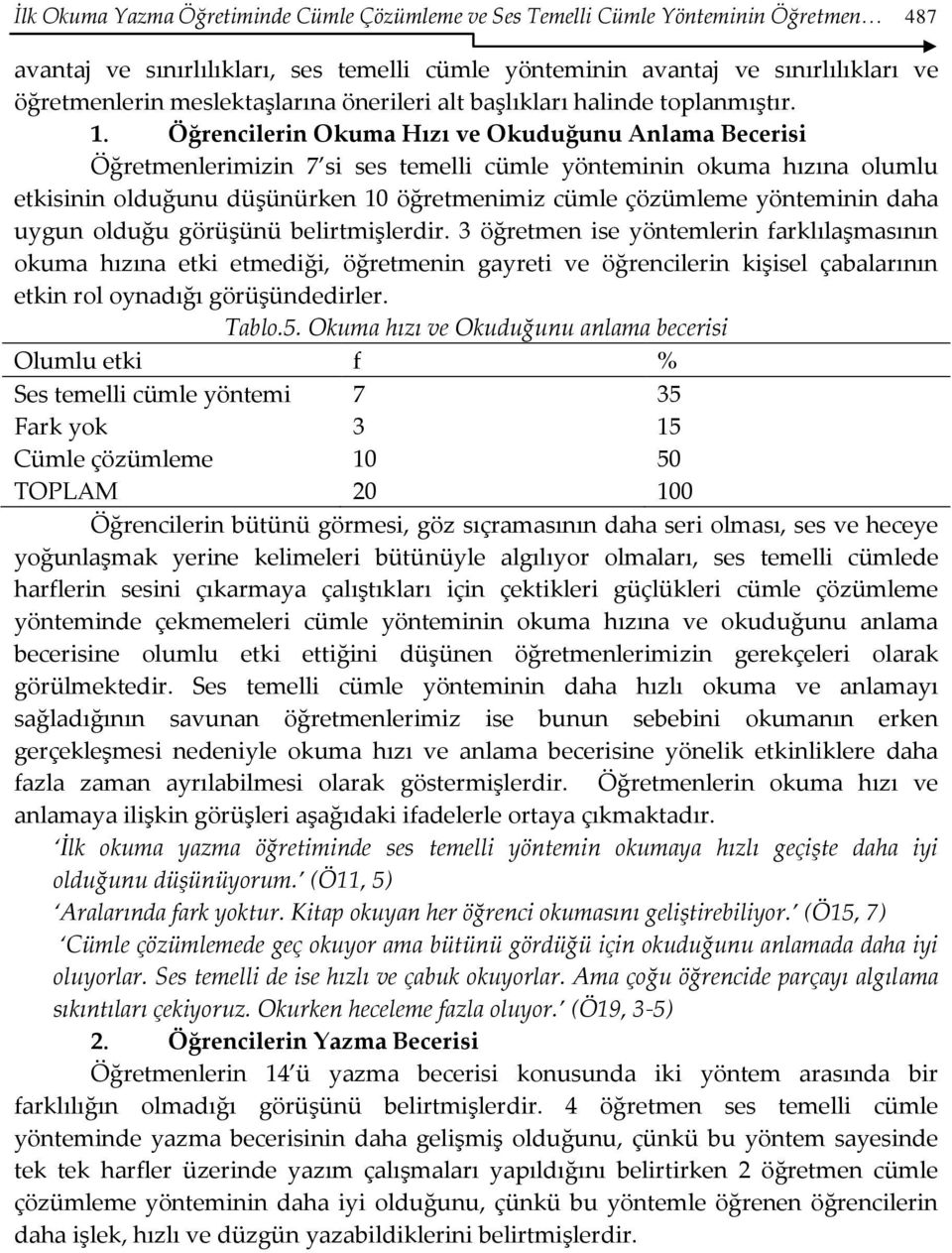 Öğrencilerin Okuma Hızı ve Okuduğunu Anlama Becerisi Öğretmenlerimizin 7 si ses temelli cümle yönteminin okuma hızına olumlu etkisinin olduğunu düşünürken 10 öğretmenimiz cümle çözümleme yönteminin