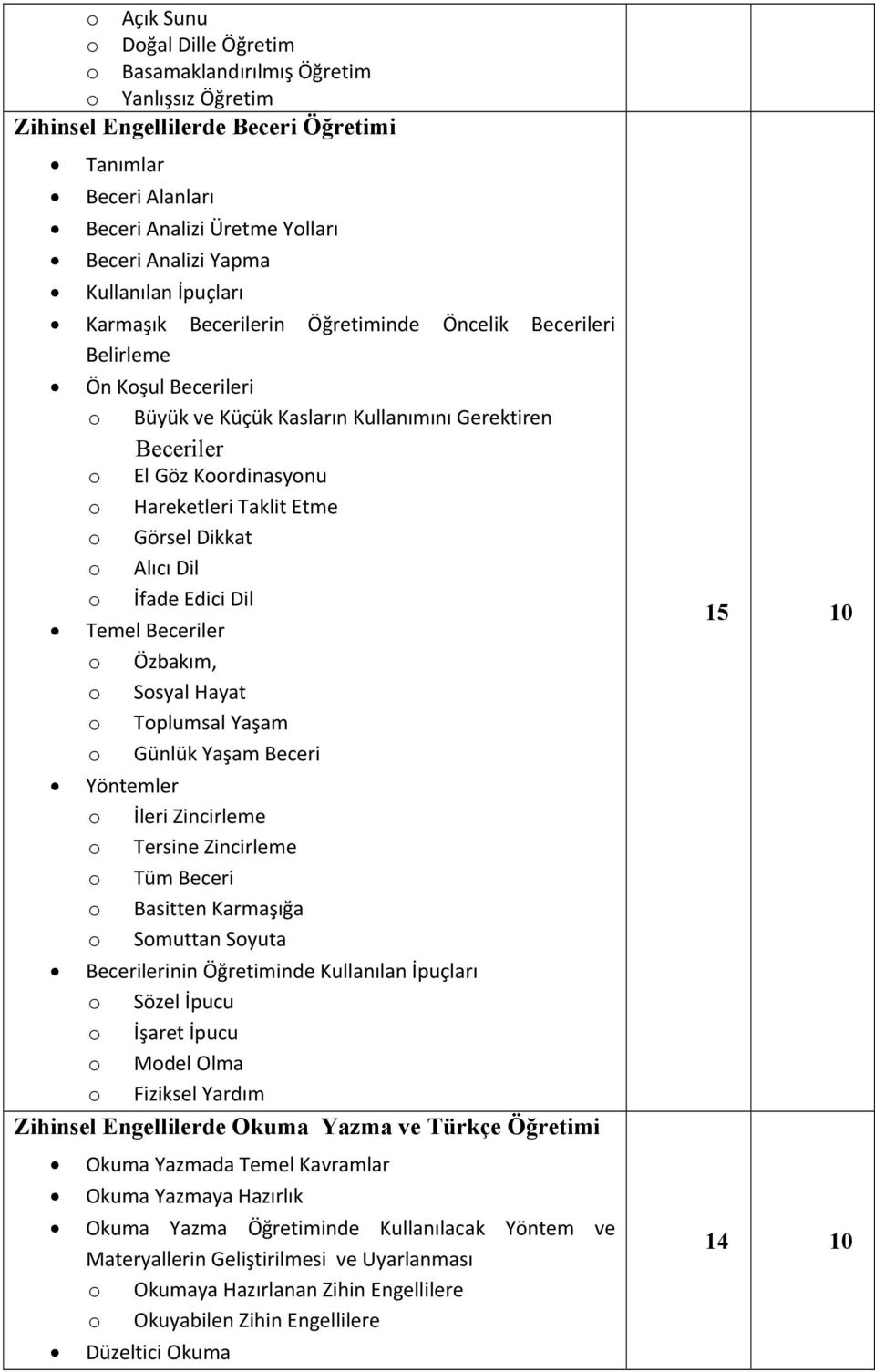 Taklit Etme o Görsel Dikkat o Alıcı Dil o İfade Edici Dil Temel Beceriler o Özbakım, o Sosyal Hayat o Toplumsal Yaşam o Günlük Yaşam Beceri Yöntemler o İleri Zincirleme o Tersine Zincirleme o Tüm