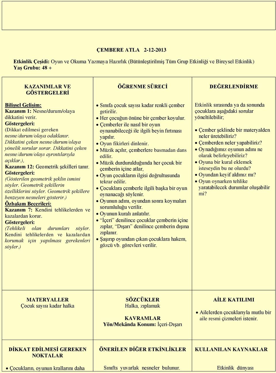 ), Kazanım 12: Geometrik şekilleri tanır. (Gösterilen geometrik şeklin ismini söyler. Geometrik şekillerin özelliklerini söyler. Geometrik şekillere benzeyen nesneleri gösterir.