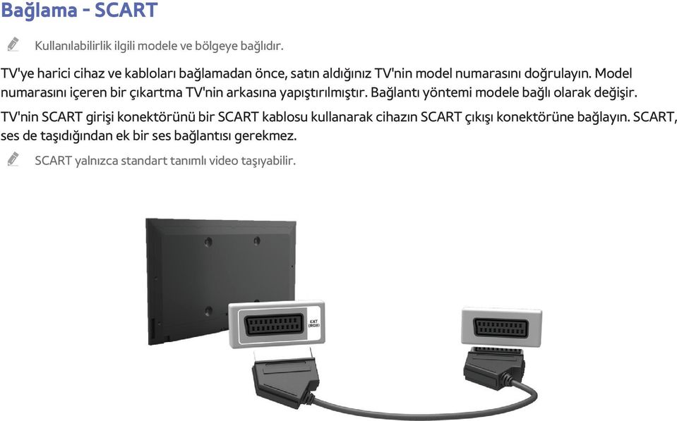 Model numarasını içeren bir çıkartma TV'nin arkasına yapıştırılmıştır. Bağlantı yöntemi modele bağlı olarak değişir.