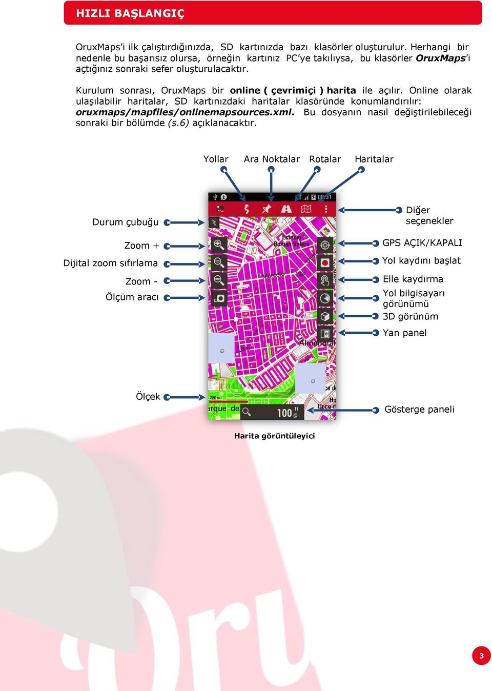 Kurulum sonrası, OruxMaps bir online ( çevrimiçi ) harita ile açılır.