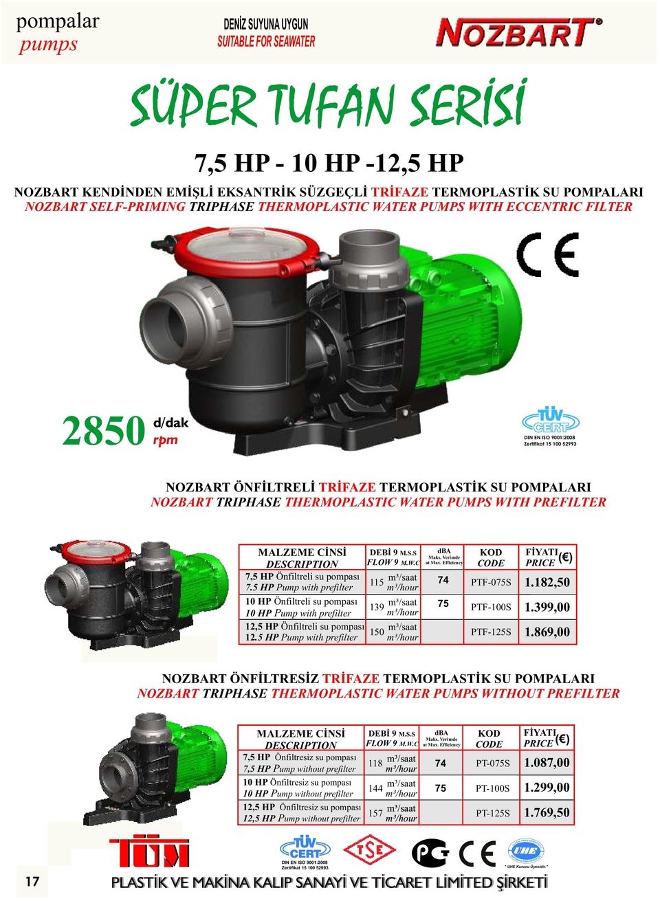 5 Pump with prefilter 1 Önfiltreli su pompası 1 Pump with prefilter DEBİ 9 M.S.S FLOW 9 M.W.C 115 139 74 75 PTF-75S PTF-1S ( ) 1.182,5 1.399, 12,5 Önfiltreli su pompası 15 PTF-125S 12.