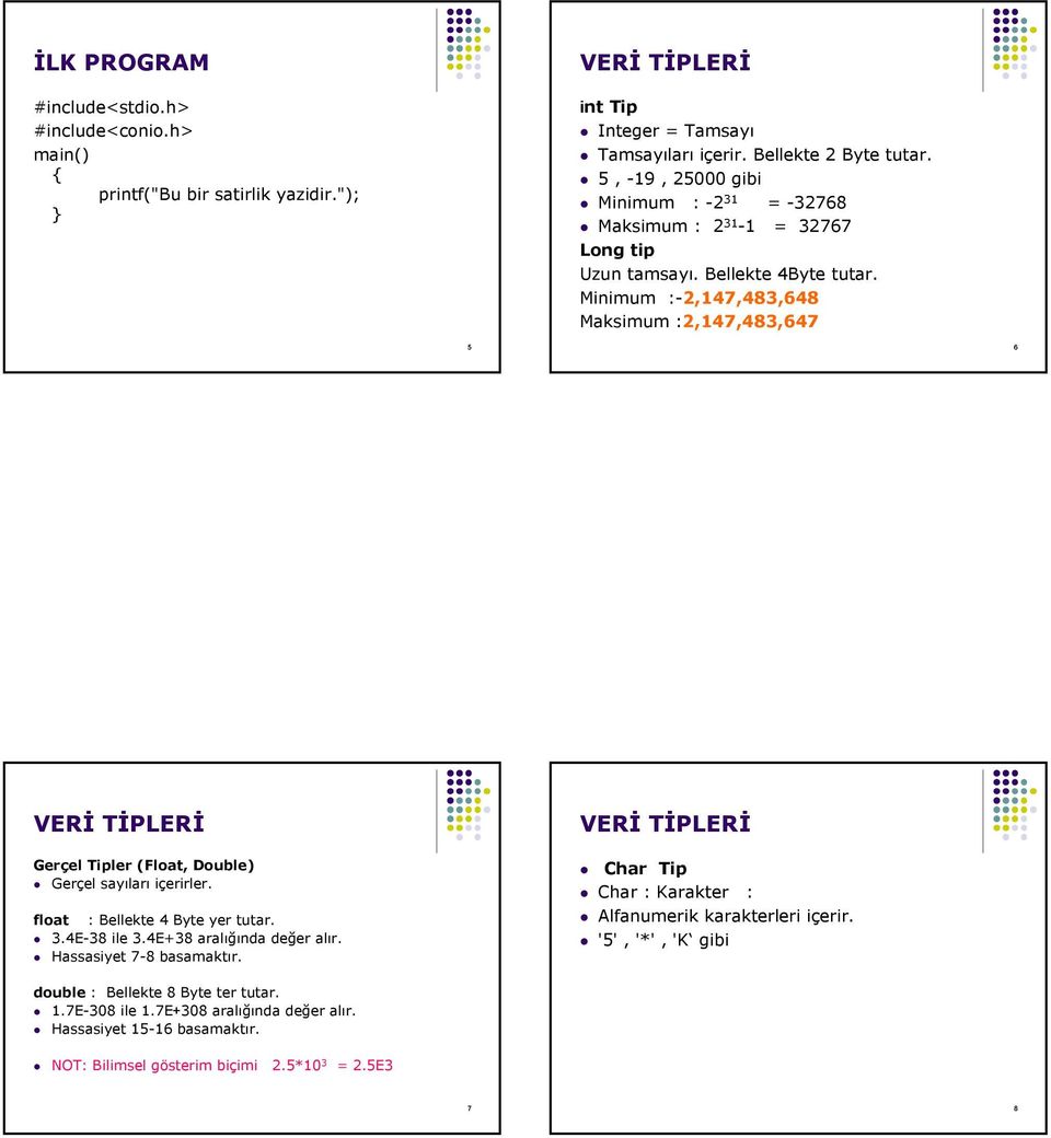 Minimum :-2,147,483,648 Maksimum :2,147,483,647 6 VERİ TİPLERİ Gerçel Tipler (Float, Double) Gerçel sayıları içerirler. float : Bellekte 4 Byte yer tutar. 3.4E-38 ile 3.