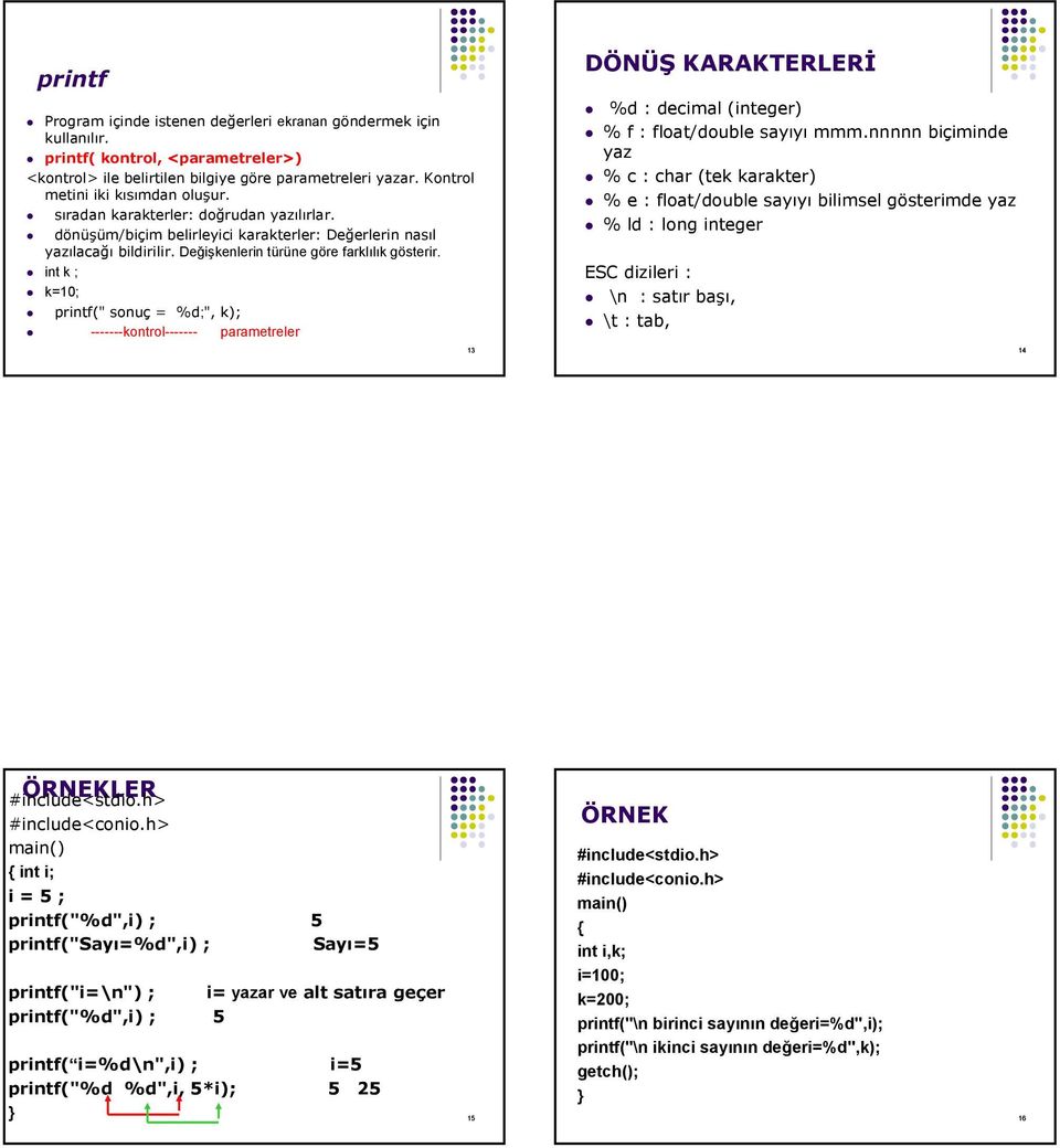 Değişkenlerin türüne göre farklılık gösterir. int k ; k=10; printf(" sonuç = %d;", k); -------kontrol------- parametreler DÖNÜŞ KARAKTERLERİ %d : decimal (integer) % f : float/double sayıyı mmm.