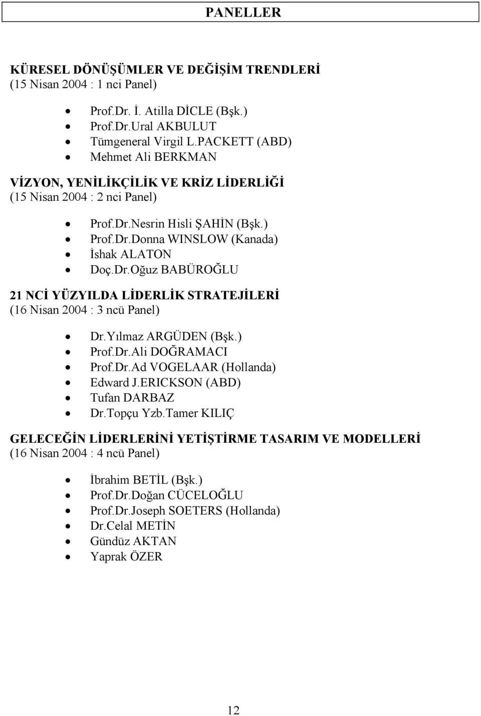 Nesrin Hisli ŞAHİN (Bşk.) Prof.Dr.Donna WINSLOW (Kanada) İshak ALATON Doç.Dr.Oğuz BABÜROĞLU 21 NCİ YÜZYILDA LİDERLİK STRATEJİLERİ (16 Nisan 2004 : 3 ncü Panel) Dr.Yılmaz ARGÜDEN (Bşk.) Prof.Dr.Ali DOĞRAMACI Prof.