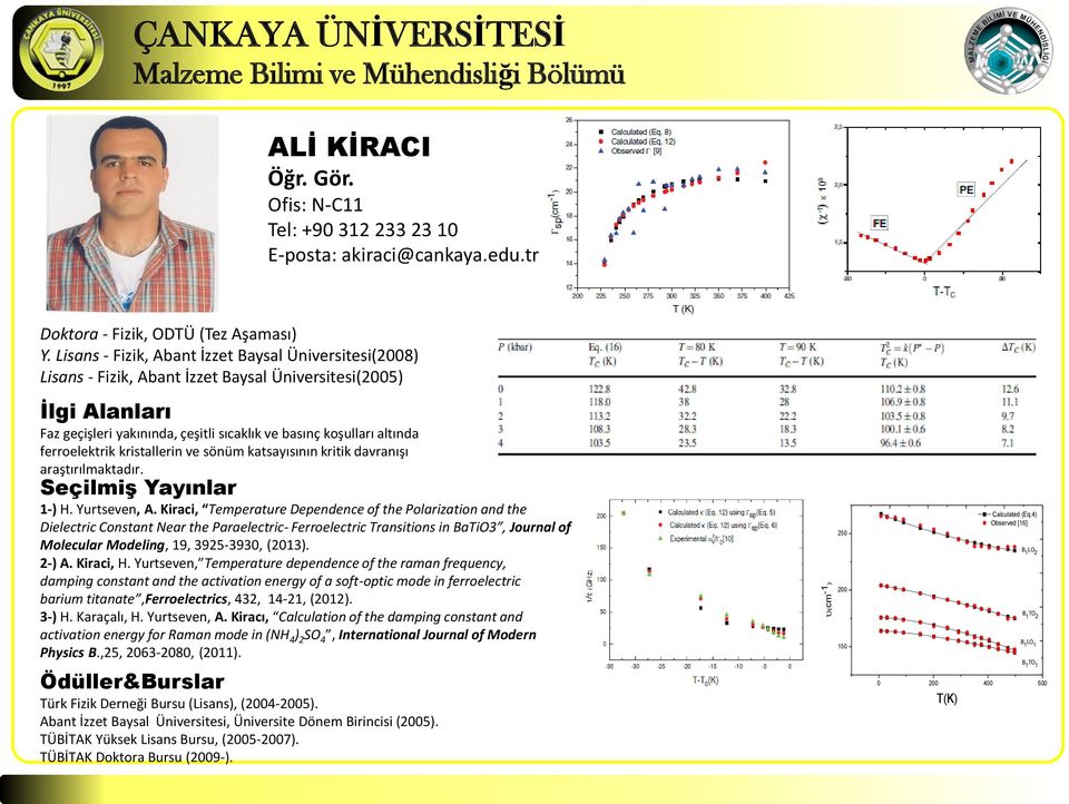 ferroelektrik kristallerin ve sönüm katsayısının kritik davranışı araştırılmaktadır. Seçilmiş Yayınlar 1-) H. Yurtseven, A.