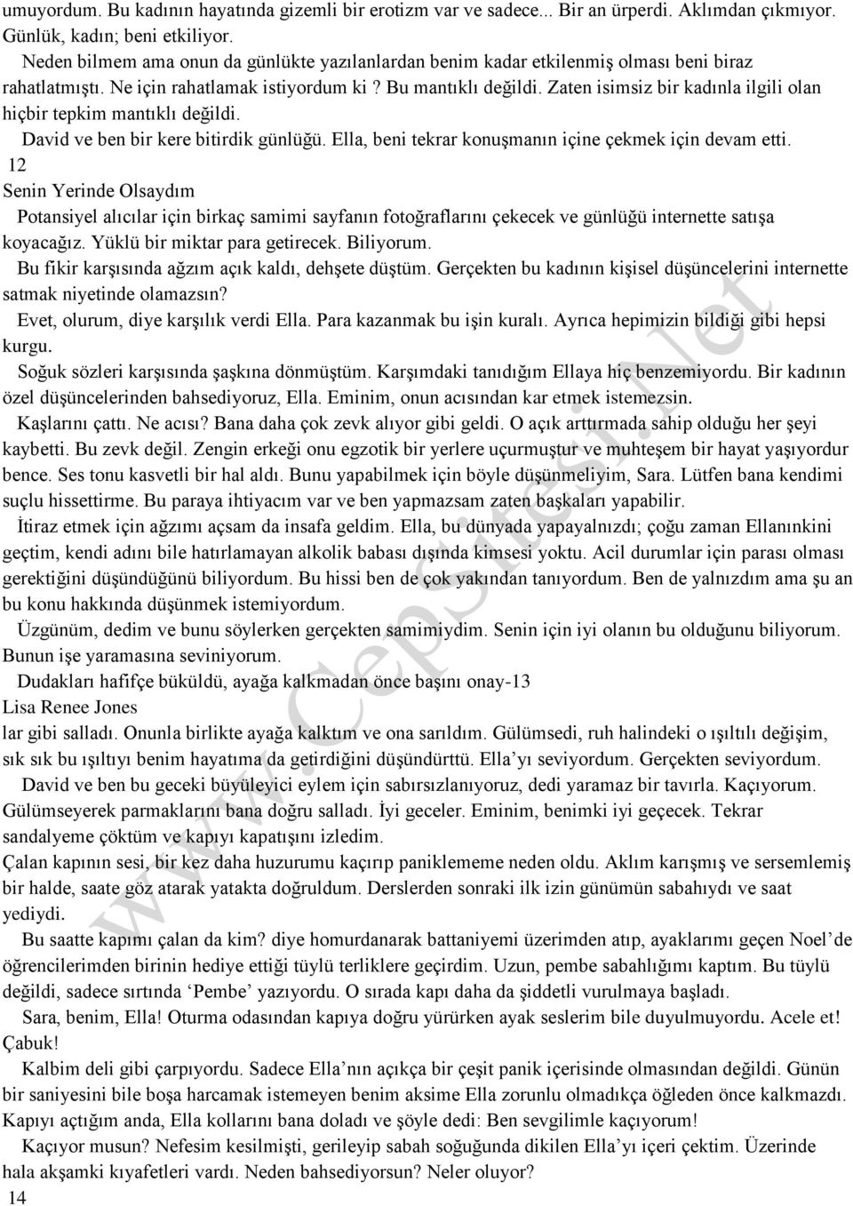 Zaten isimsiz bir kadınla ilgili olan hiçbir tepkim mantıklı değildi. David ve ben bir kere bitirdik günlüğü. Ella, beni tekrar konuşmanın içine çekmek için devam etti.