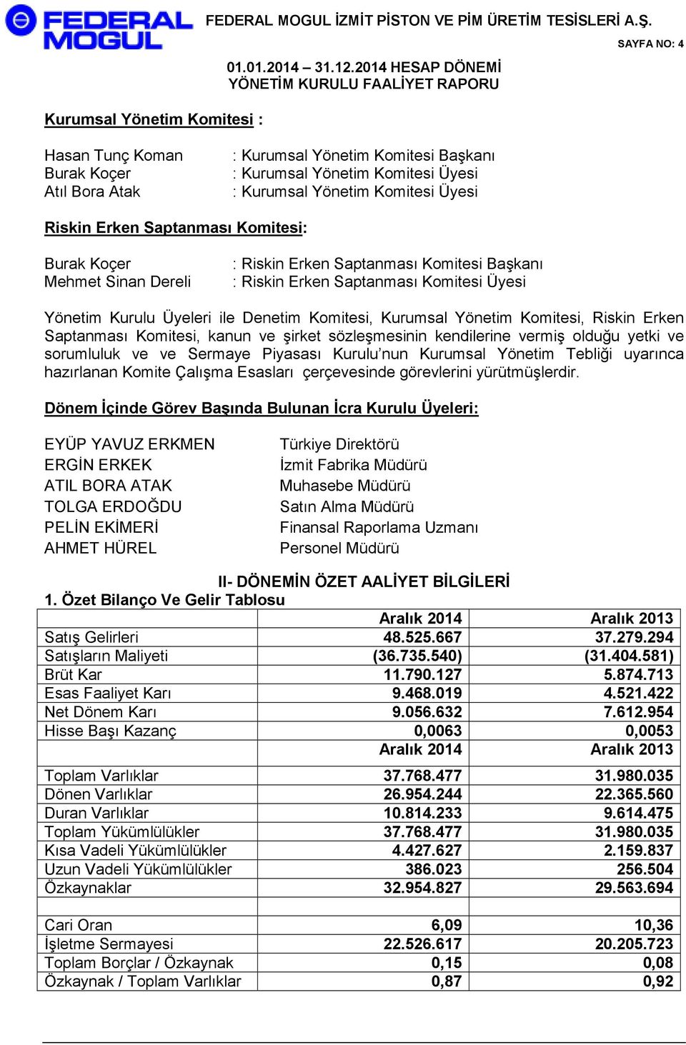 Yönetim Komitesi, Riskin Erken Saptanması Komitesi, kanun ve şirket sözleşmesinin kendilerine vermiş olduğu yetki ve sorumluluk ve ve Sermaye Piyasası Kurulu nun Kurumsal Yönetim Tebliği uyarınca