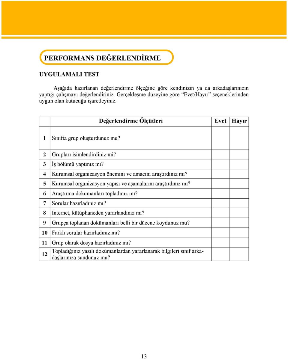 3 İş bölümü yaptınız mı? 4 Kurumsal organizasyon önemini ve amacını araştırdınız mı? 5 Kurumsal organizasyon yapısı ve aşamalarını araştırdınız mı? 6 Araştırma dokümanları topladınız mı?