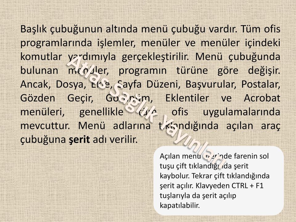 Ancak, Dosya, Ekle, Sayfa Düzeni, Başvurular, Postalar, Gözden Geçir, Görünüm, Eklentiler ve Acrobat menüleri, genellikle tüm ofis uygulamalarında