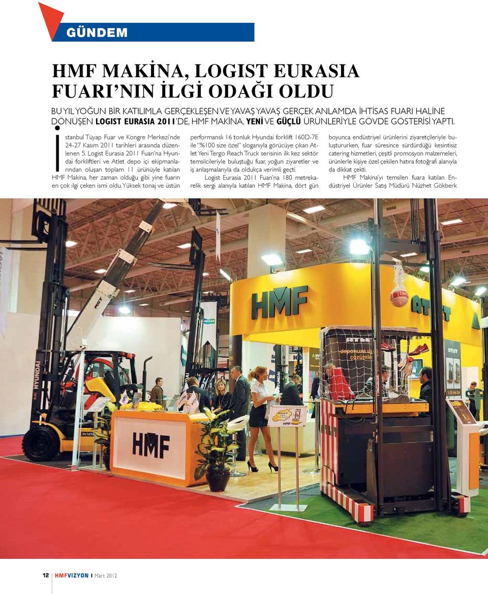 Logist Eurasia 2011 Fuarı na Hyundai forkliftleri ve Atlet depo içi ekipmanlarından oluşan toplam 11 ürünüyle katılan HMF Makina, her zaman olduğu gibi yine fuarın en çok ilgi çeken ismi oldu.