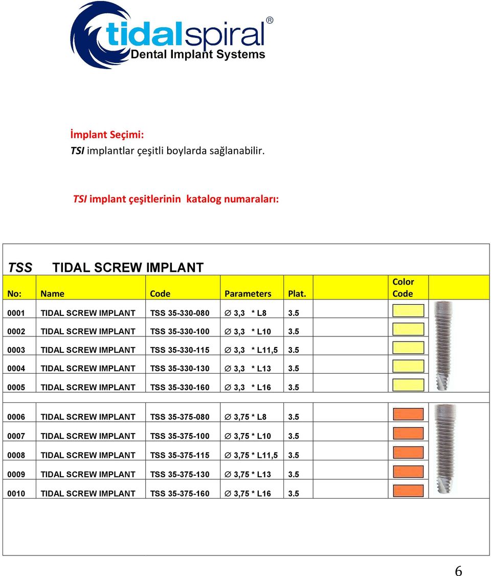 5 0004 TIDAL SCREW IMPLANT TSS 35-330-130 3,3 * L13 3.5 0005 TIDAL SCREW IMPLANT TSS 35-330-160 3,3 * L16 3.5 0006 TIDAL SCREW IMPLANT TSS 35-375-080 3,75 * L8 3.