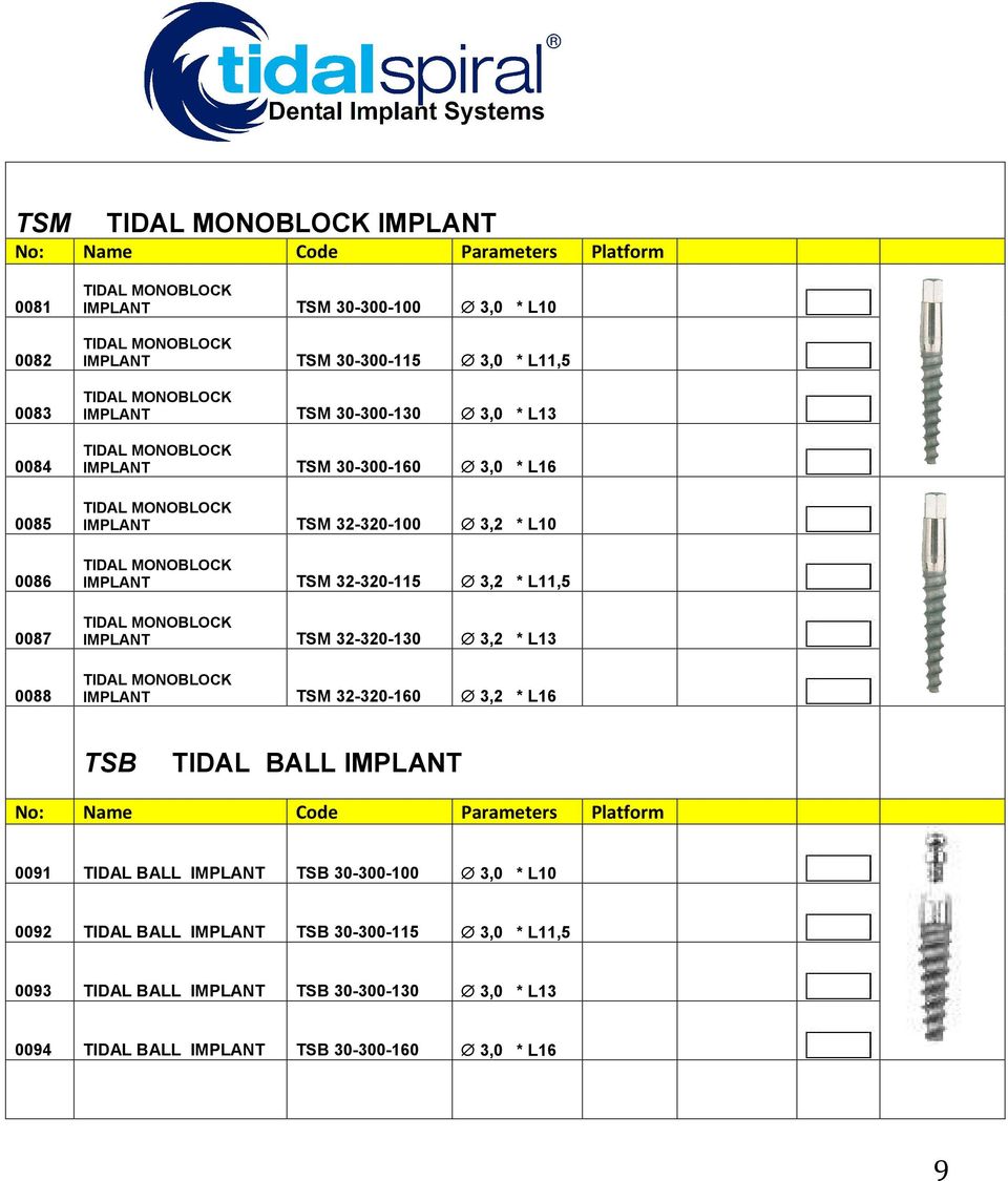 IMPLANT TSM 32-320-115 3,2 * L11,5 TIDAL MONOBLOCK IMPLANT TSM 32-320-130 3,2 * L13 TIDAL MONOBLOCK IMPLANT TSM 32-320-160 3,2 * L16 TSB TIDAL BALL IMPLANT No: Name Code Parameters