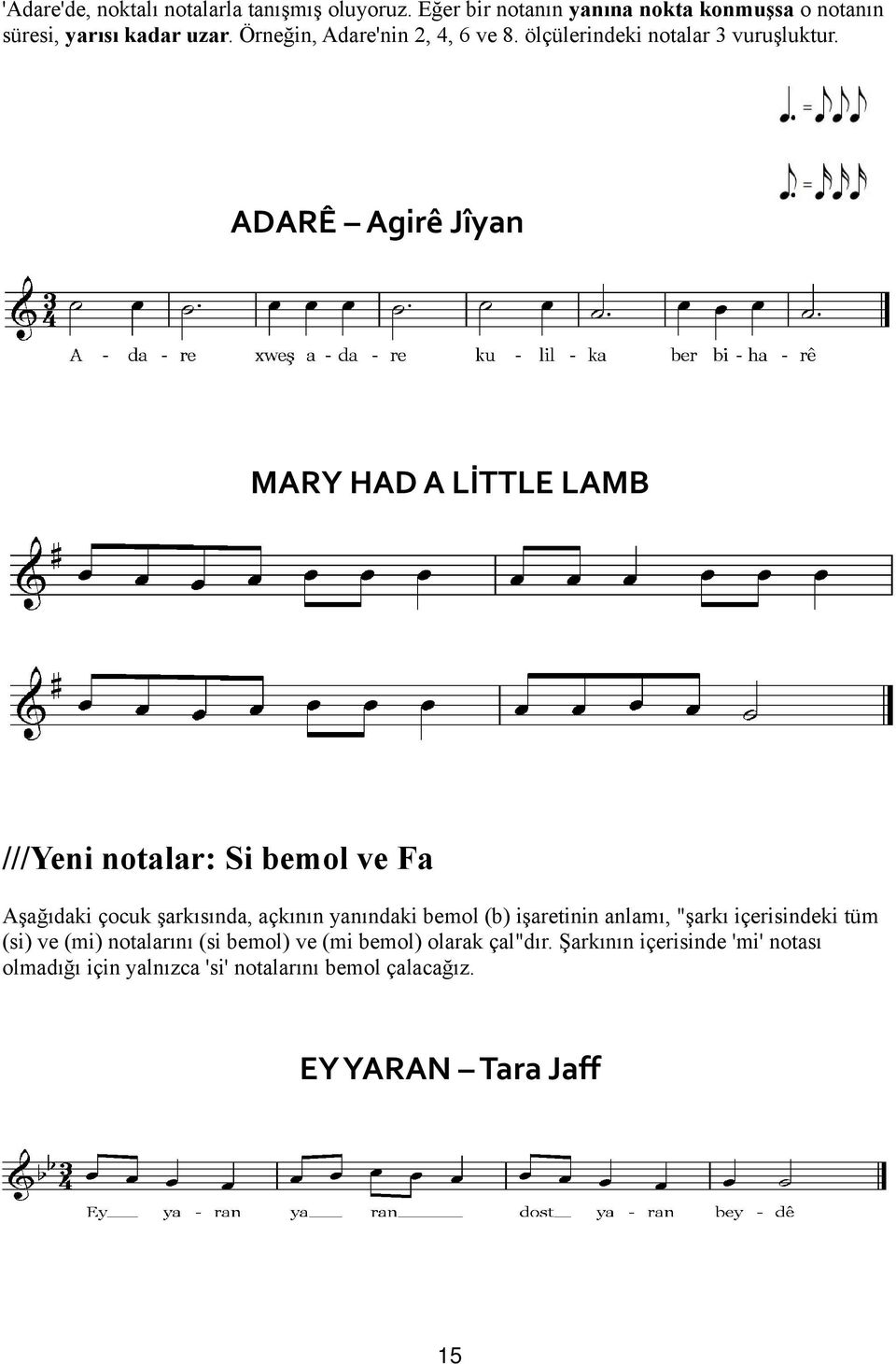 ADARÊ Agirê Jîyan MARY HAD A LİTTLE LAMB ///Yeni notalar: Si bemol ve Fa Aşağıdaki çocuk şarkısında, açkının yanındaki bemol (b)