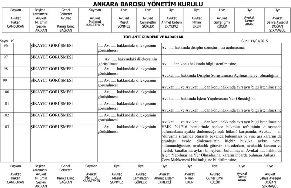 .. Av.... hakkındaki dilekçesinin Av....'tan konu hakkında bilgi istenilmesine,... hakkında Disiplin Soruşturması Açılmasına yer olmadığına... ve...'dan konu hakkında ayrı ayrı bilgi istenilmesine.