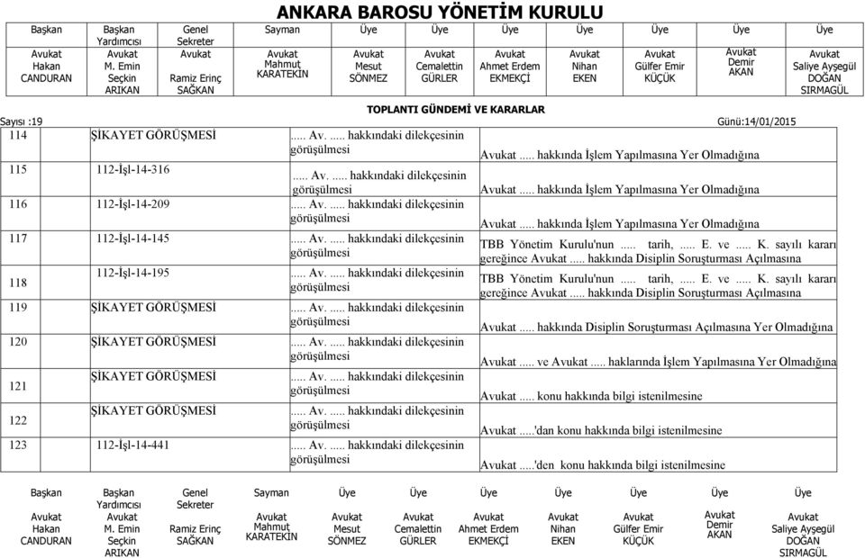 .. Av.... hakkındaki dilekçesinin 121 122 ŞİKAYET GÖRÜŞMESİ ŞİKAYET GÖRÜŞMESİ... Av.... hakkındaki dilekçesinin... Av.... hakkındaki dilekçesinin 123 112-İşl-14-441... Av.... hakkındaki dilekçesinin... hakkında İşlem Yapılmasına Yer Olmadığına TBB Yönetim Kurulu'nun.