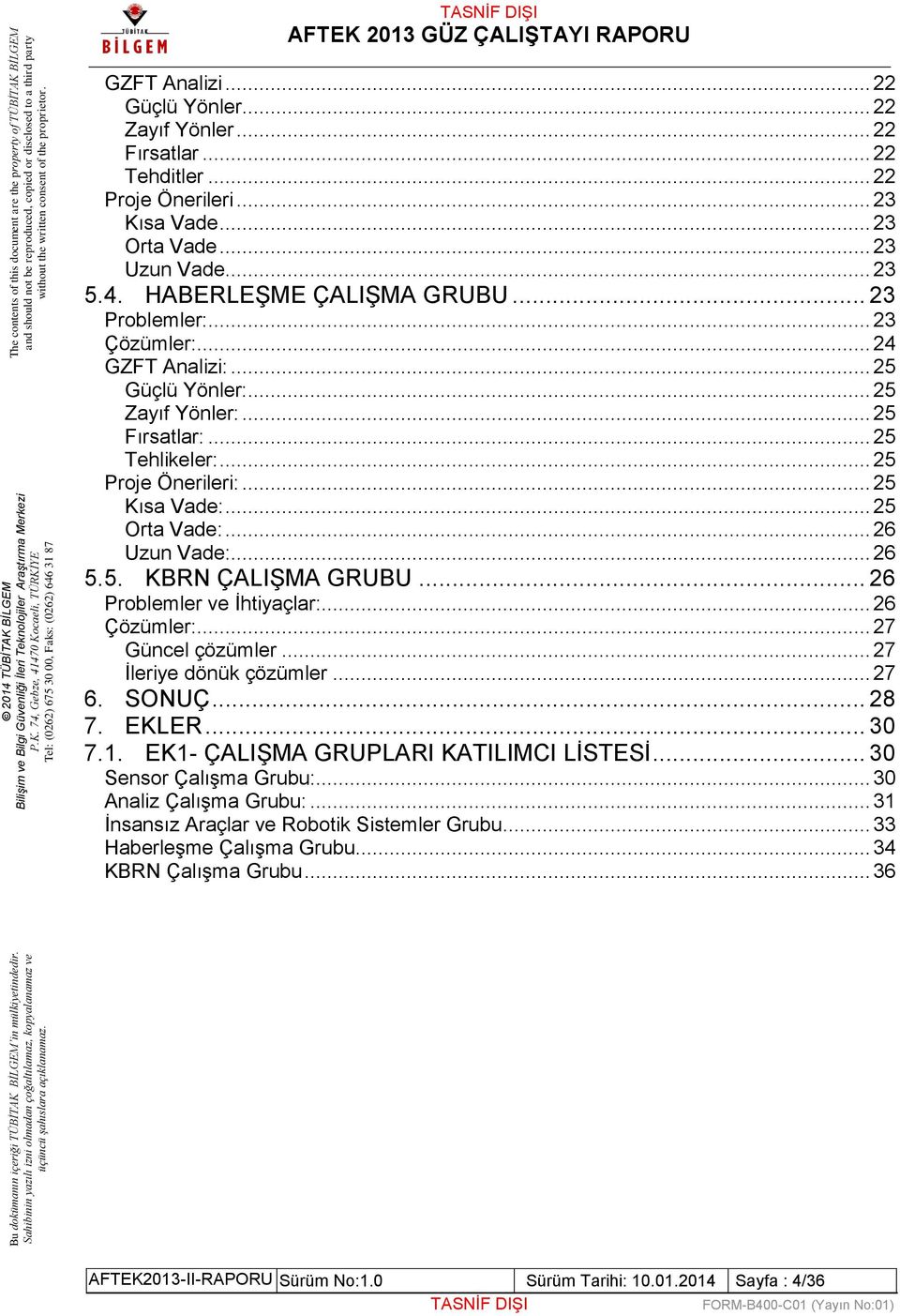 .. 26 Uzun Vade:... 26 5.5. KBRN ÇALIŞMA GRUBU... 26 Problemler ve İhtiyaçlar:... 26 Çözümler:... 27 Güncel çözümler... 27 İleriye dönük çözümler... 27 6. SONUÇ... 28 7. EKLER... 30 7.1.