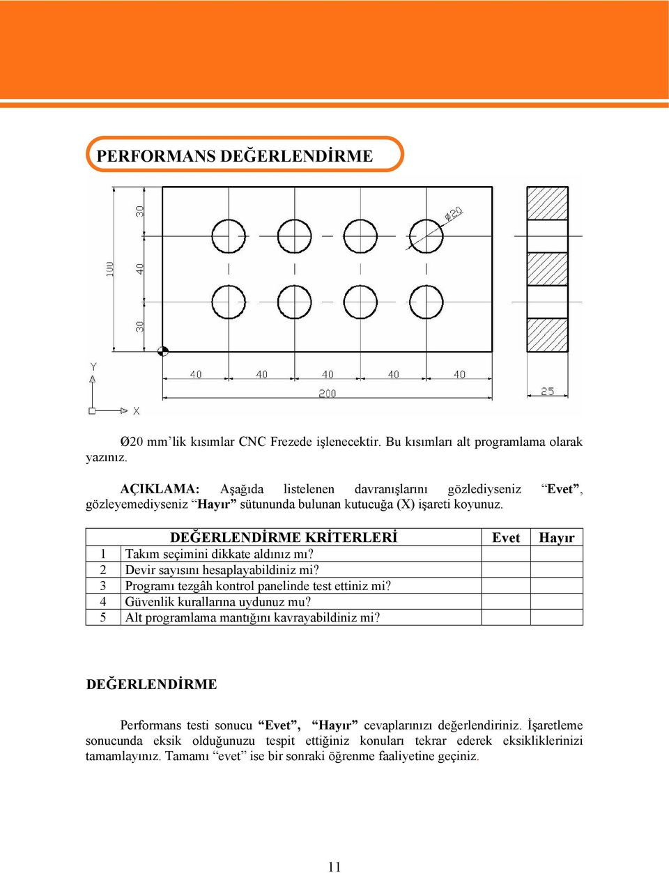 DEĞERLENDİRME KRİTERLERİ Evet Hayır 1 Takım seçimini dikkate aldınız mı? 2 Devir sayısını hesaplayabildiniz mi? 3 Programı tezgâh kontrol panelinde test ettiniz mi?