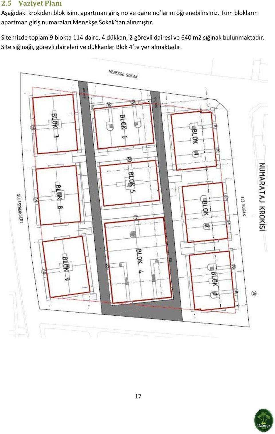 Sitemizde toplam 9 blokta 114 daire, 4 dükkan, 2 görevli dairesi ve 640 m2 sığınak