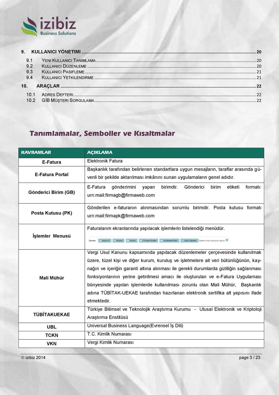 .. 22 Tanımlamalar, Semboller ve Kısaltmalar KAVRAMLAR E-Fatura E-Fatura Portal Gönderici Birim (GB) Posta Kutusu (PK) İşlemler Menusü AÇIKLAMA Elektronik Fatura Başkanlık tarafından belirlenen