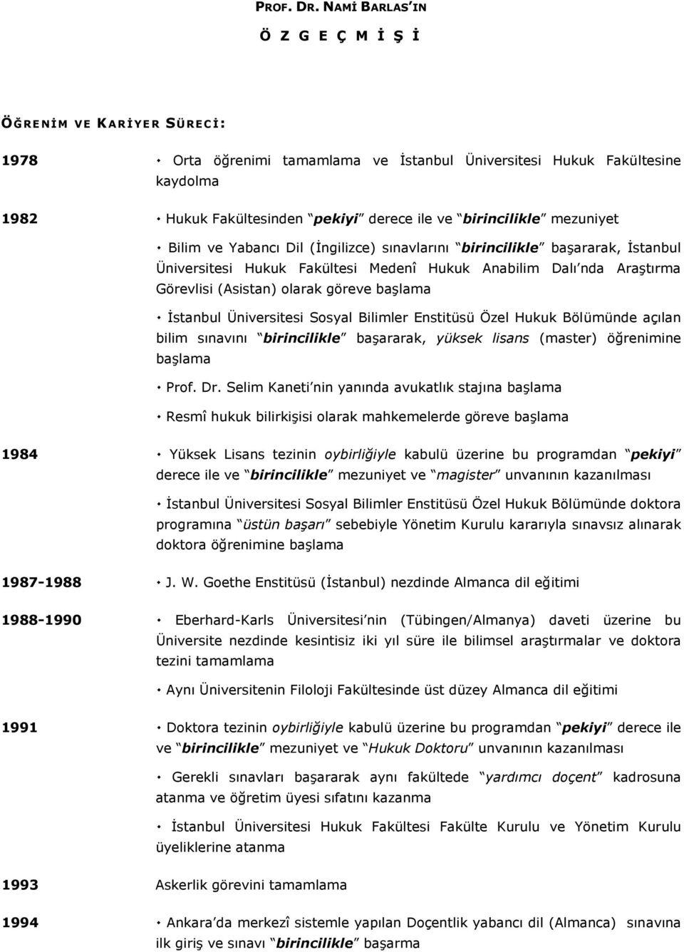 birincilikle mezuniyet Bilim ve Yabancı Dil (İngilizce) sınavlarını birincilikle başararak, İstanbul Üniversitesi Hukuk Fakültesi Medenî Hukuk Anabilim Dalı nda Araştırma Görevlisi (Asistan) olarak