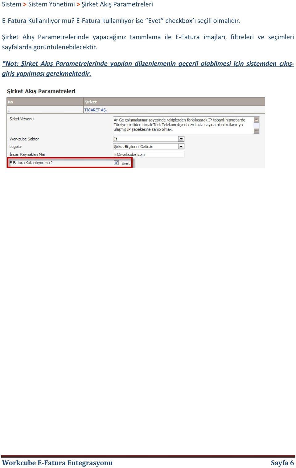 Şirket Akış Parametrelerinde yapacağınız tanımlama ile E-Fatura imajları, filtreleri ve seçimleri sayfalarda