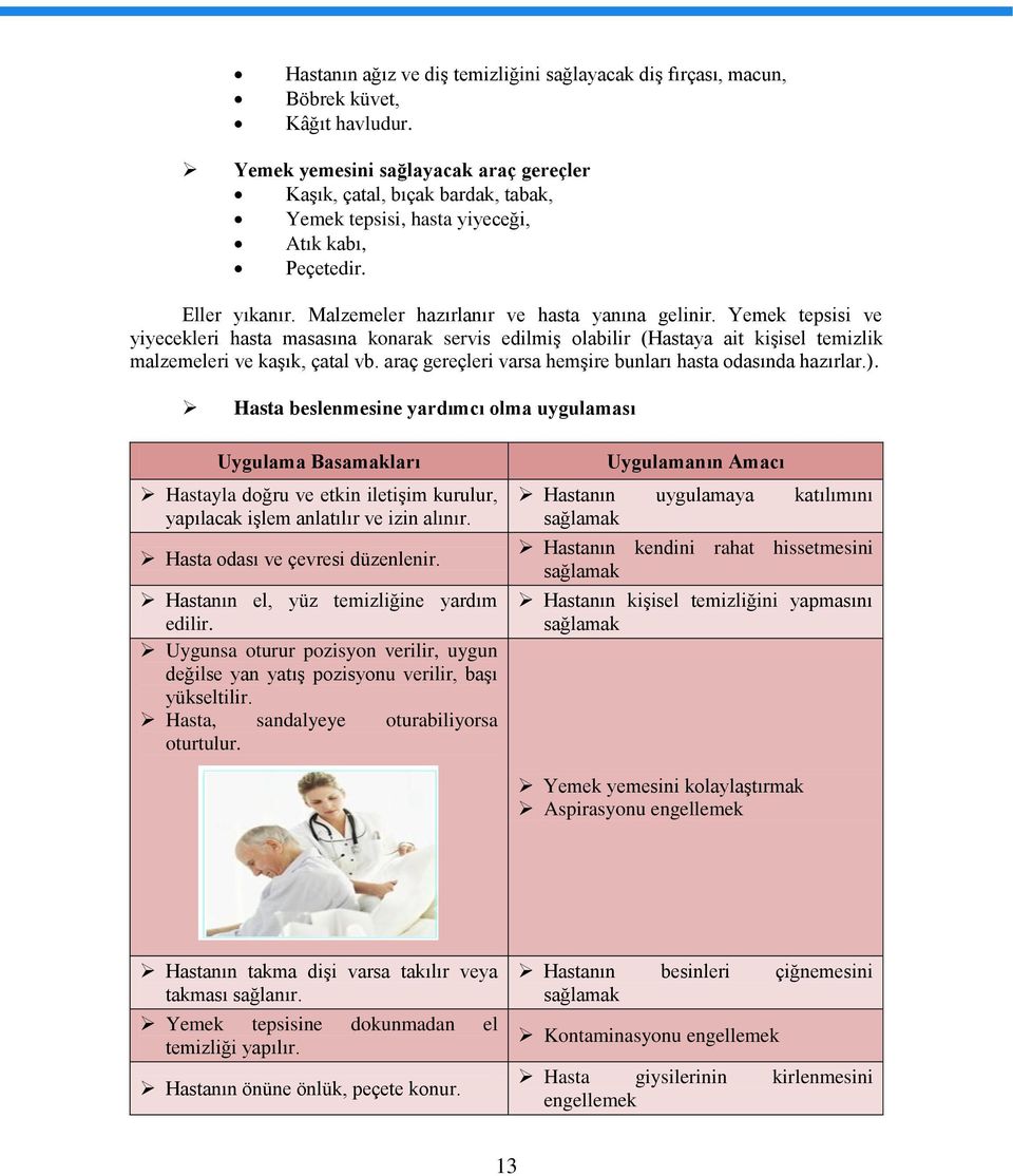 Yemek tepsisi ve yiyecekleri hasta masasına konarak servis edilmiş olabilir (Hastaya ait kişisel temizlik malzemeleri ve kaşık, çatal vb. araç gereçleri varsa hemşire bunları hasta odasında hazırlar.