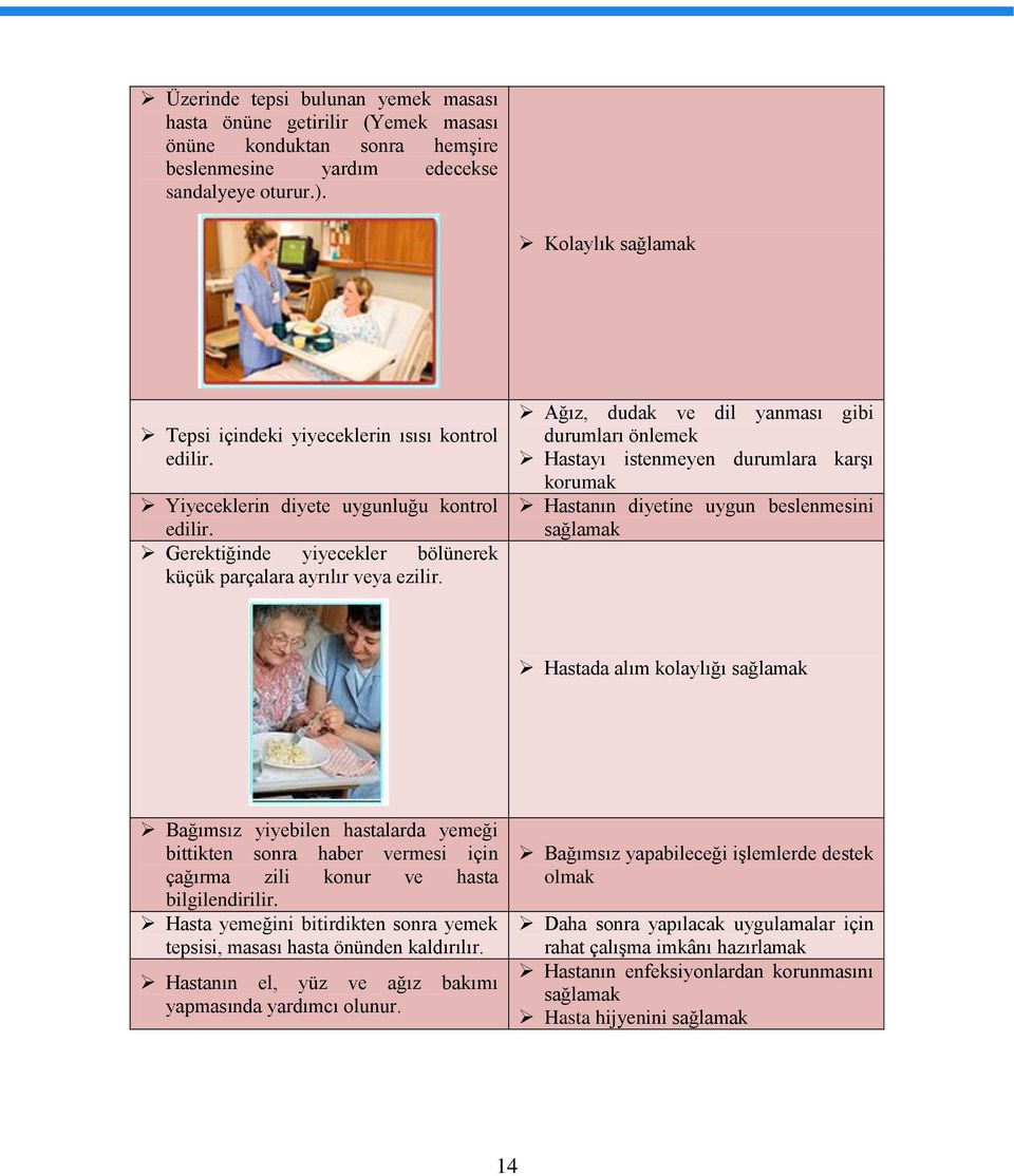 Ağız, dudak ve dil yanması gibi durumları önlemek Hastayı istenmeyen durumlara karşı korumak Hastanın diyetine uygun beslenmesini sağlamak Hastada alım kolaylığı sağlamak Bağımsız yiyebilen