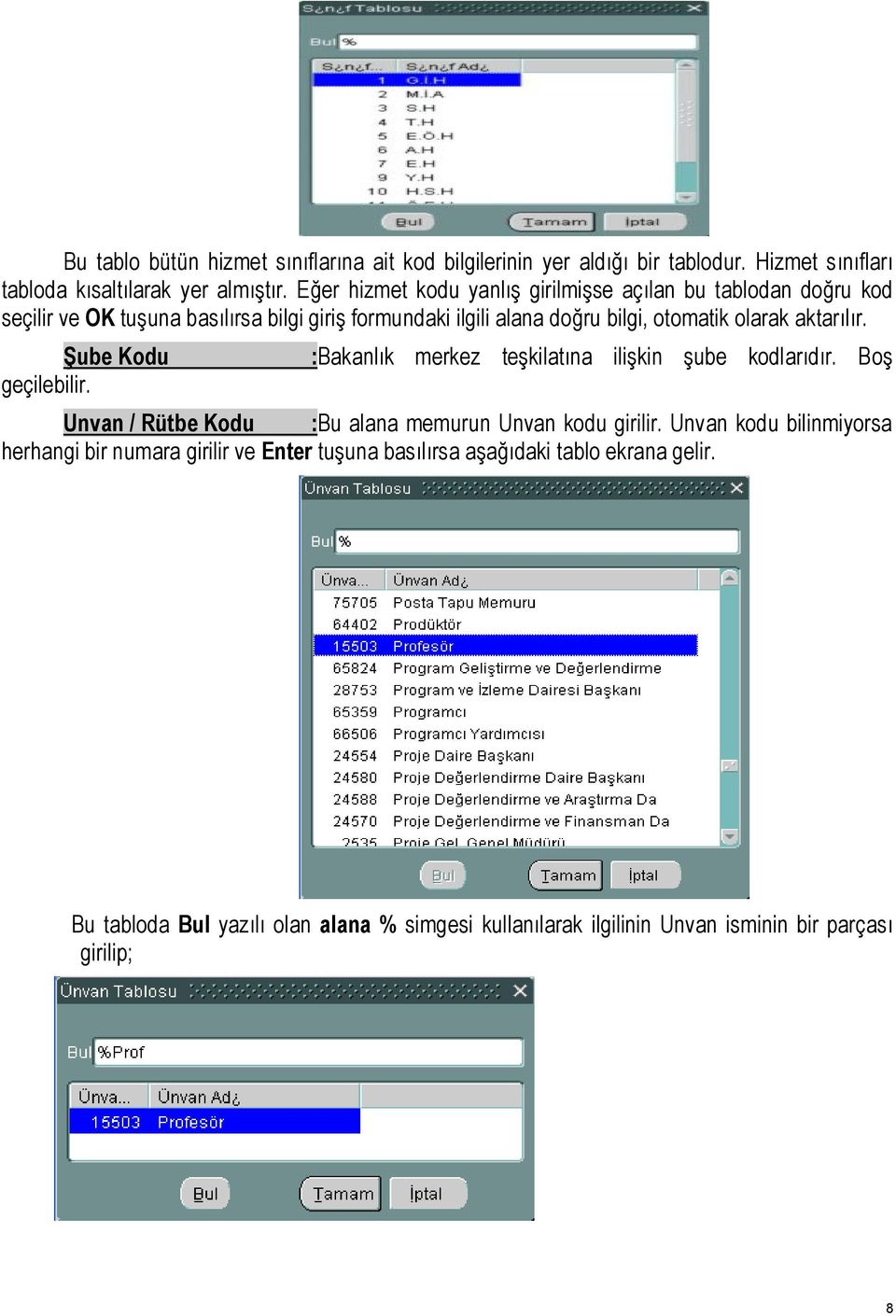 aktarılır. Şube Kodu geçilebilir. :Bakanlık merkez teşkilatına ilişkin şube kodlarıdır. Boş Unvan / Rütbe Kodu :Bu alana memurun Unvan kodu girilir.